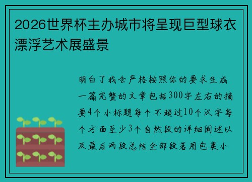 2026世界杯主办城市将呈现巨型球衣漂浮艺术展盛景 2026世界杯主办城市将呈现巨型球衣漂浮艺术展盛景
